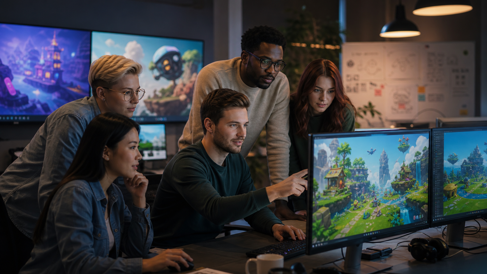 Creative game studio team reviewing polished casual game worlds on large screens